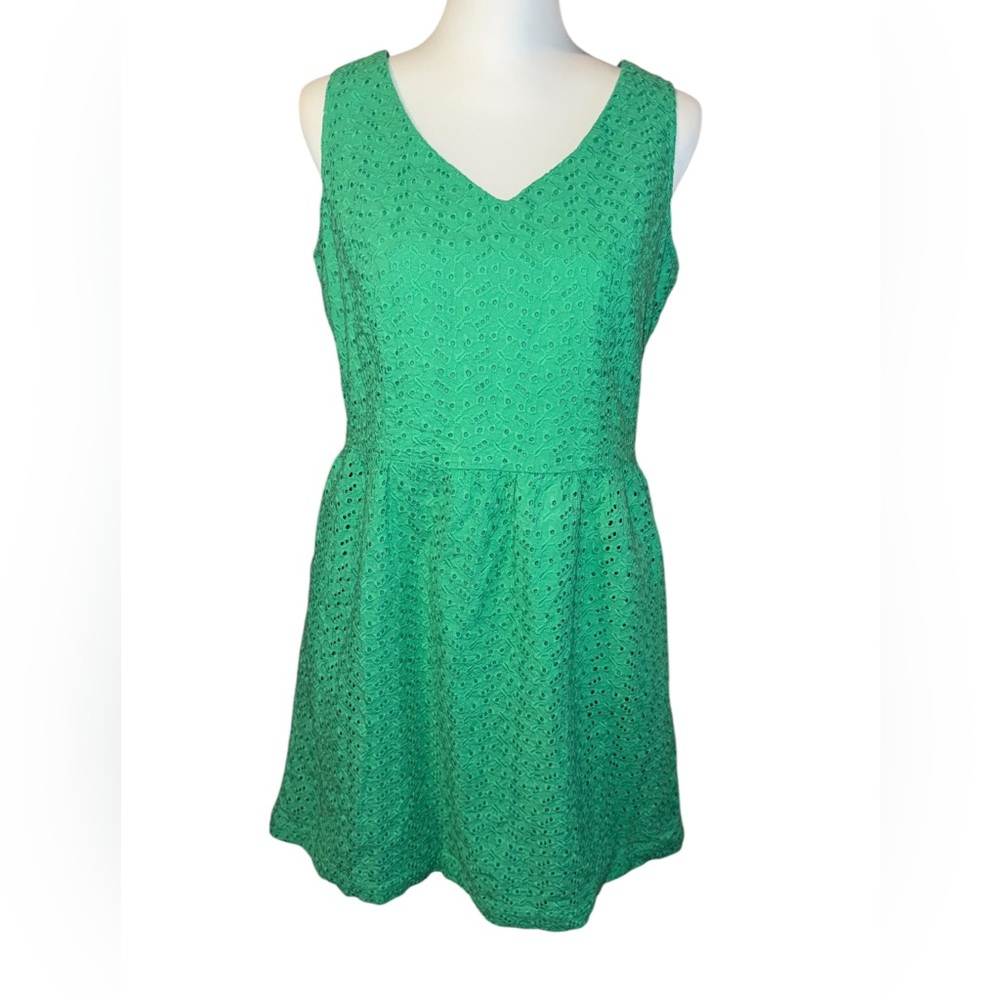 LL Bean Sundress Eyelet Dress Green Cotton Sleeveless Pockets Sz 8 Petite NWT
